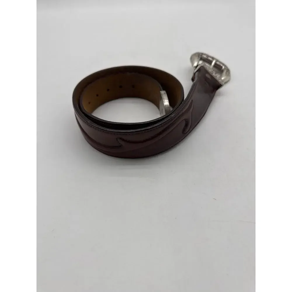 Brighton Embossed Genuine Brown Leather Belt Silver 1993 Buckle 28.5”  USA Made‎